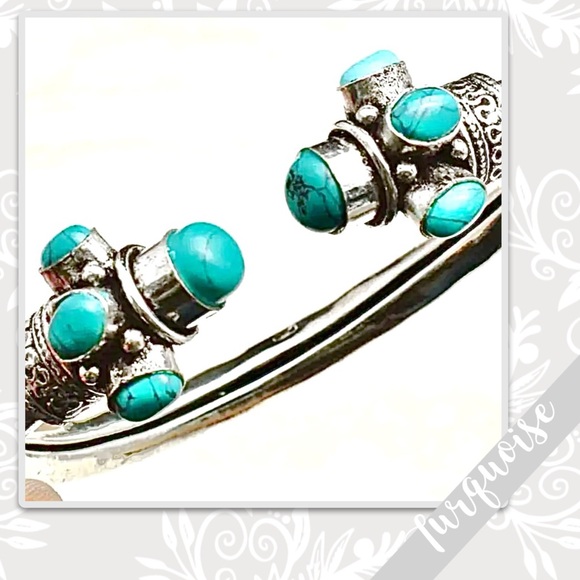 Turquoise Chunky Eclectic Silver Artisan Cuff Bangle Bracelet, Adjustable (Blue) - Picture 2 of 2